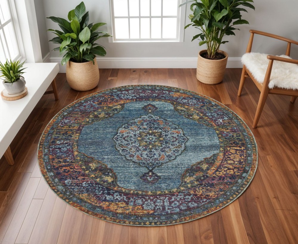 8' Blue and Beige Round Oriental Power Loom Area Rug