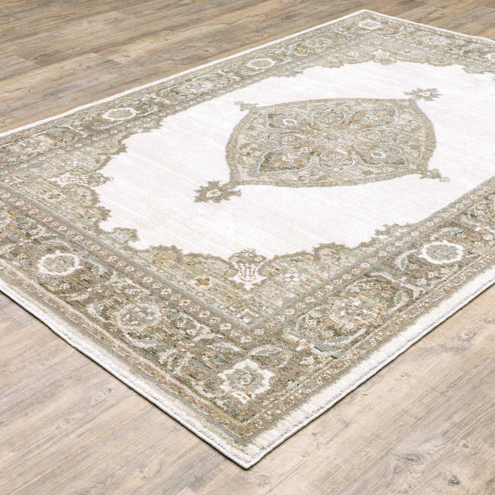 10' X 13' Beige and Ivory Oriental Power Loom Area Rug