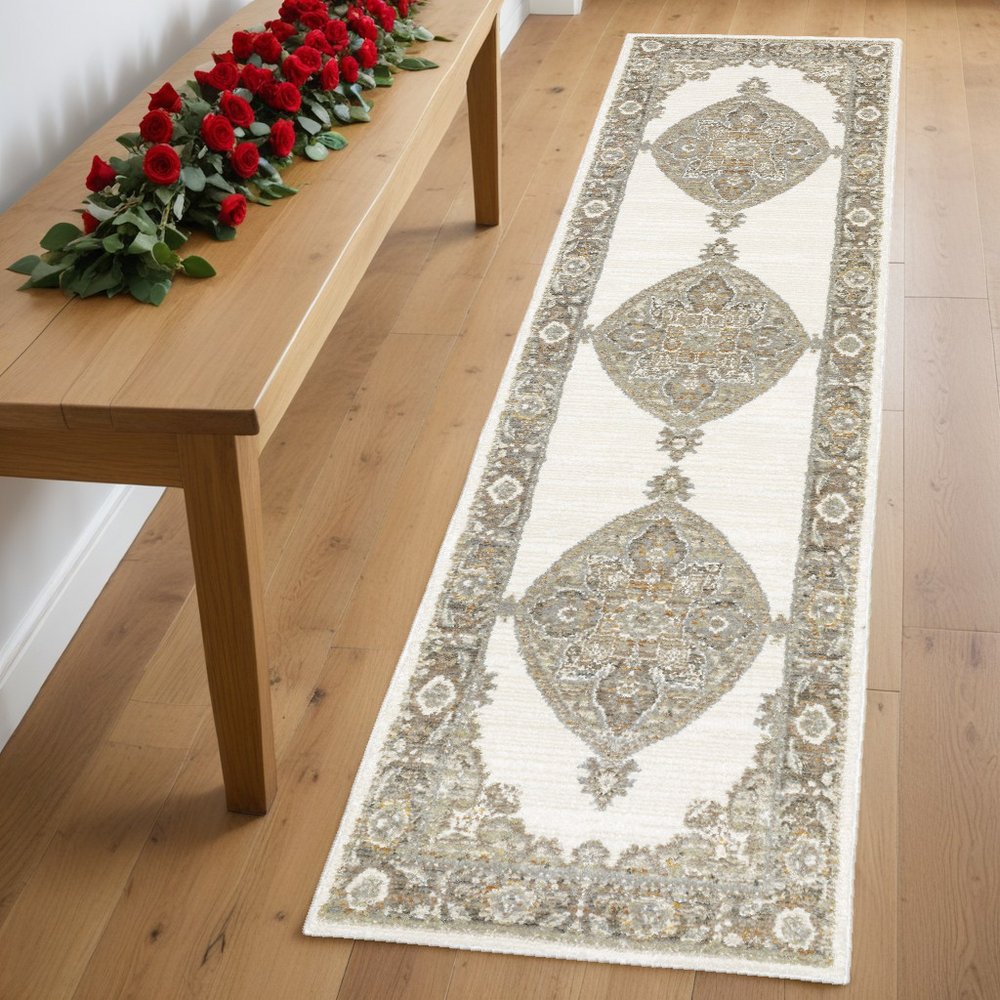 8' Beige And Ivory Oriental Runner Rug