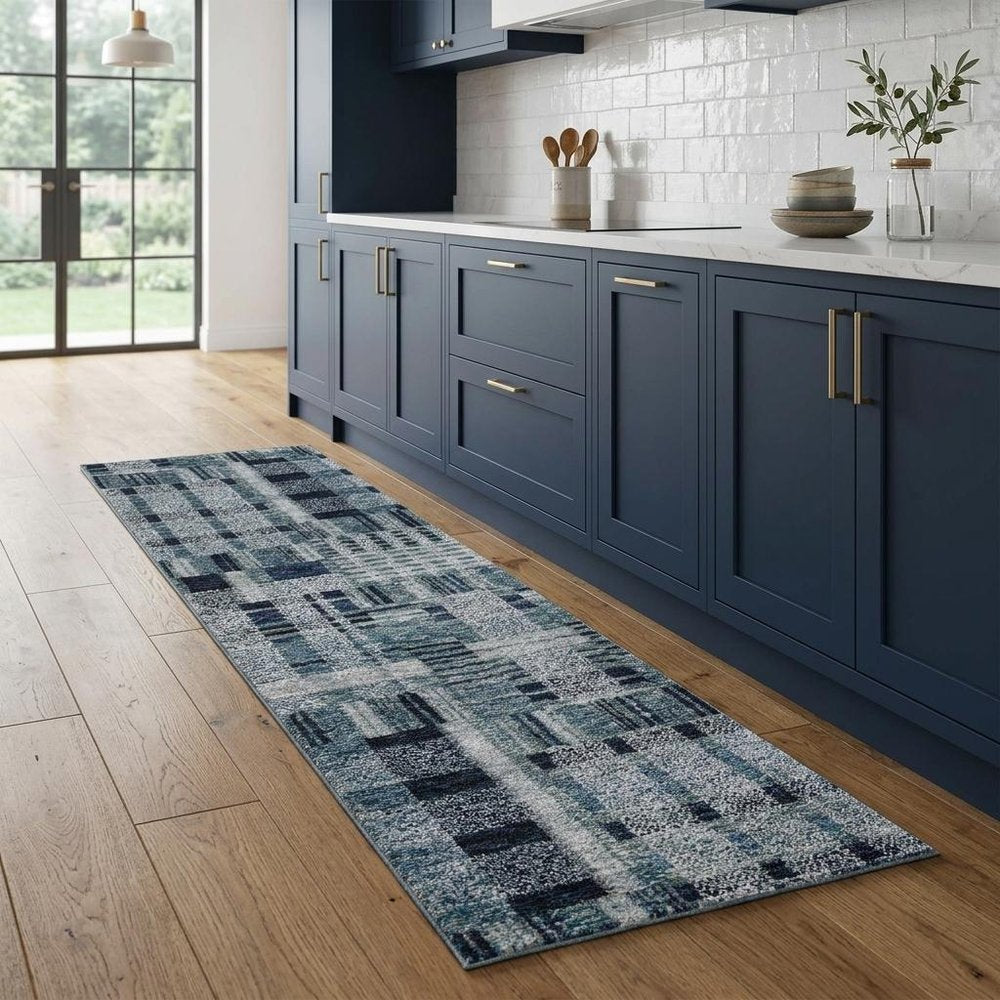 8' Blue And Midnight Geometric Runner Rug