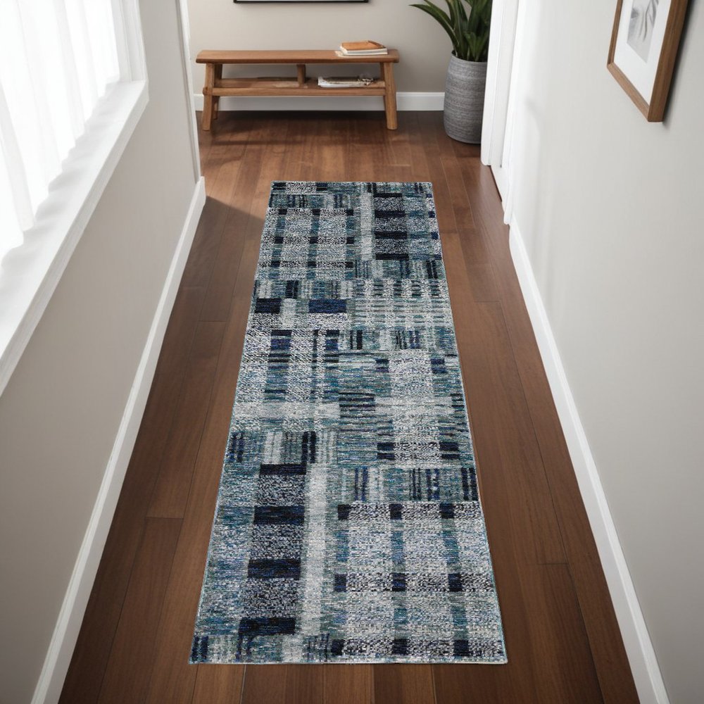 8' Blue And Midnight Geometric Runner Rug