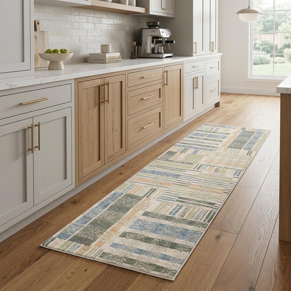 8' Blue And Green Geometric Runner Rug