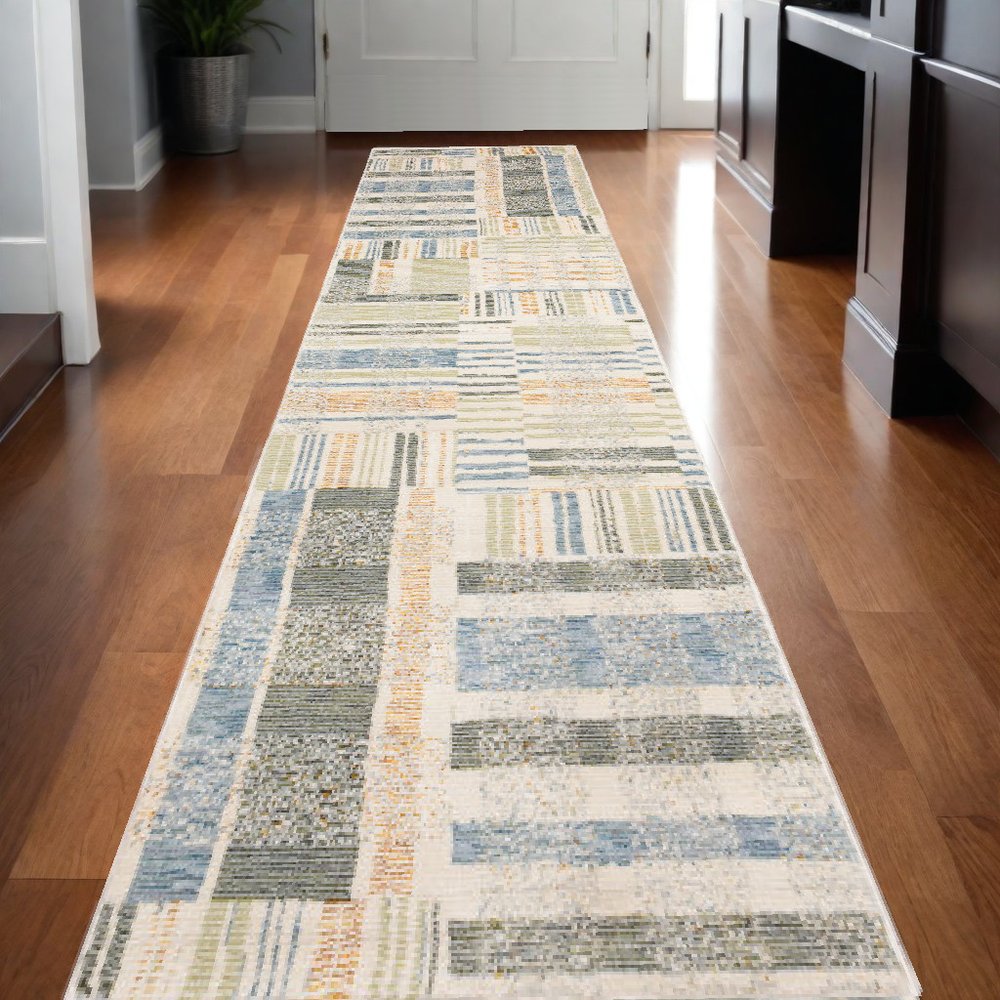 12' Blue And Green Geometric Runner Rug