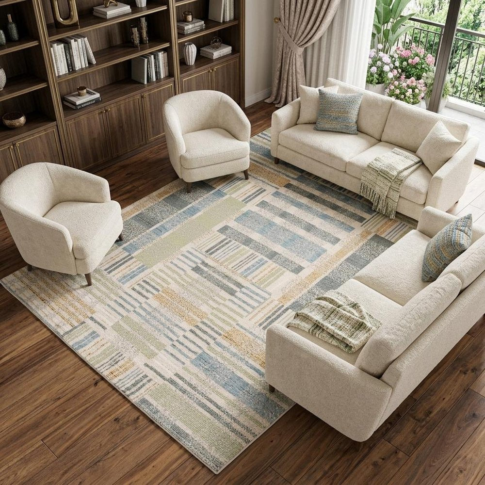 9' X 12' Blue And Green Geometric Area Rug