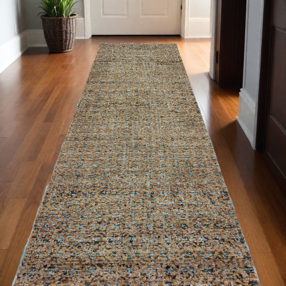 12' Blue And Gold Geometric Distressed Runner Rug