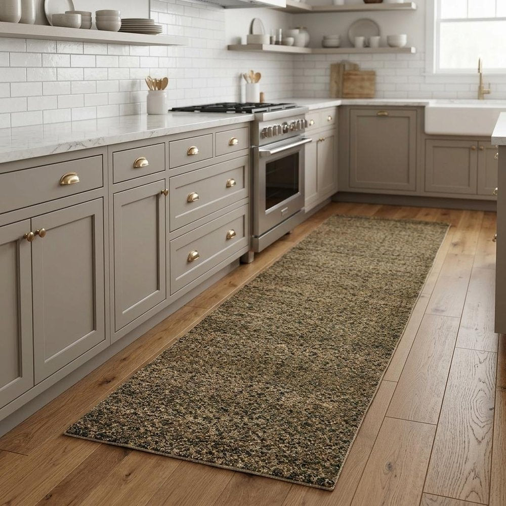 8' Green And Gold Geometric Distressed Runner Rug