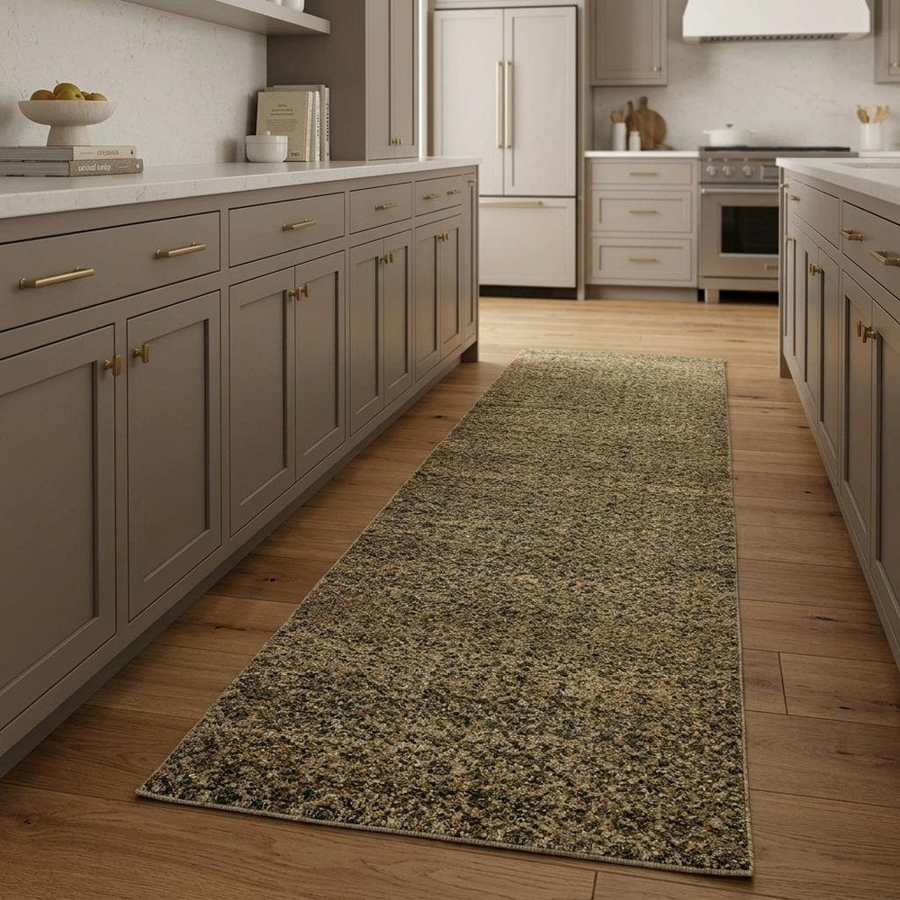 8' Green And Gold Geometric Distressed Runner Rug