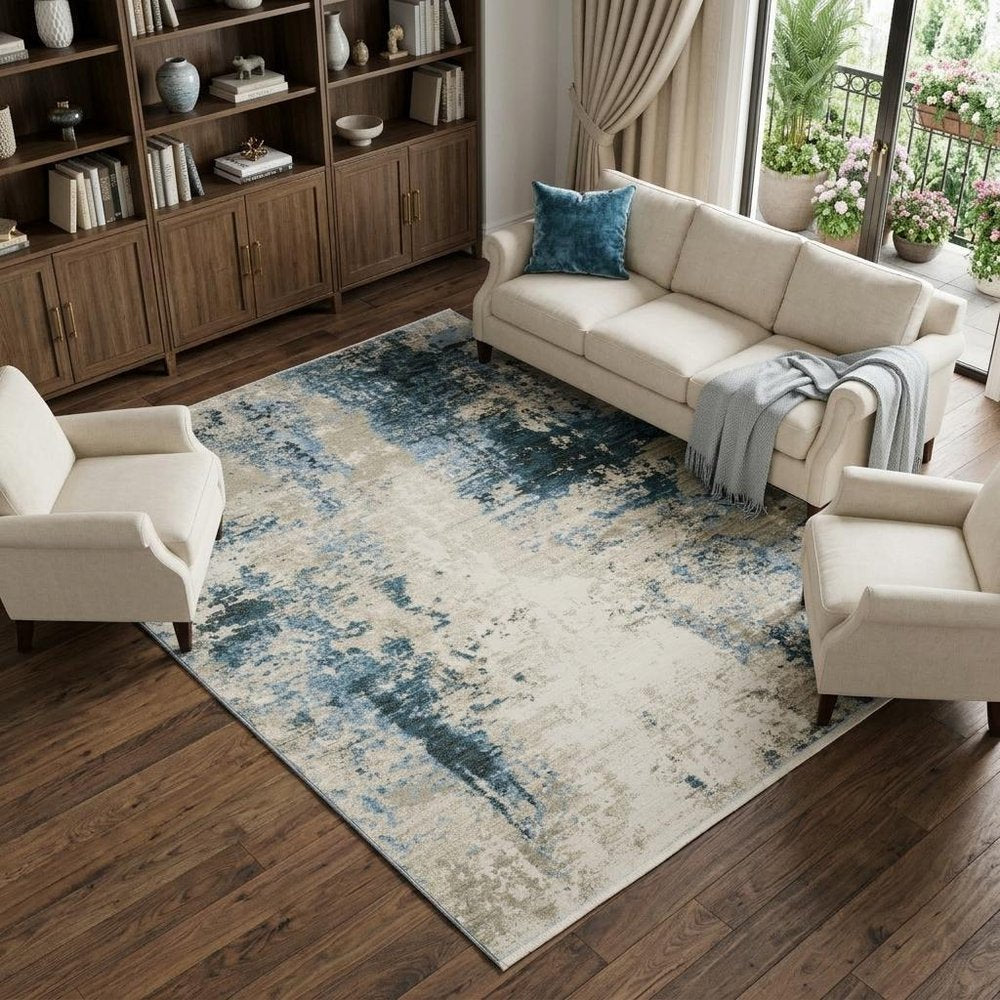 10' X 13' Blue Grey Ivory Light Blue And Dark Blue Abstract Power Loom Stain Resistant Area Rug With Fringe