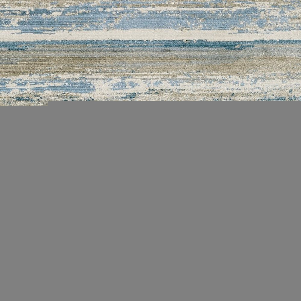 8' Blue And Beige Abstract Distressed Runner Rug With Fringe