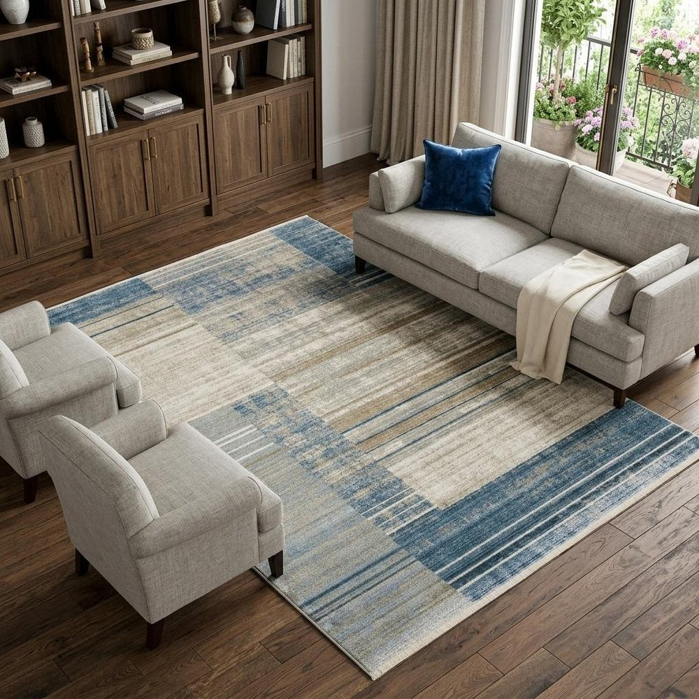 8' X 11' Blue Dark Blue Teal Grey Ivory Beige And Tan Geometric Power Loom Stain Resistant Area Rug With Fringe
