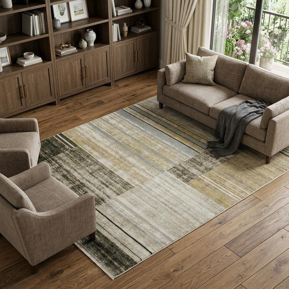 10' X 13' Beige Charcoal Brown Grey Tan Gold And Blue Geometric Power Loom Stain Resistant Area Rug With Fringe