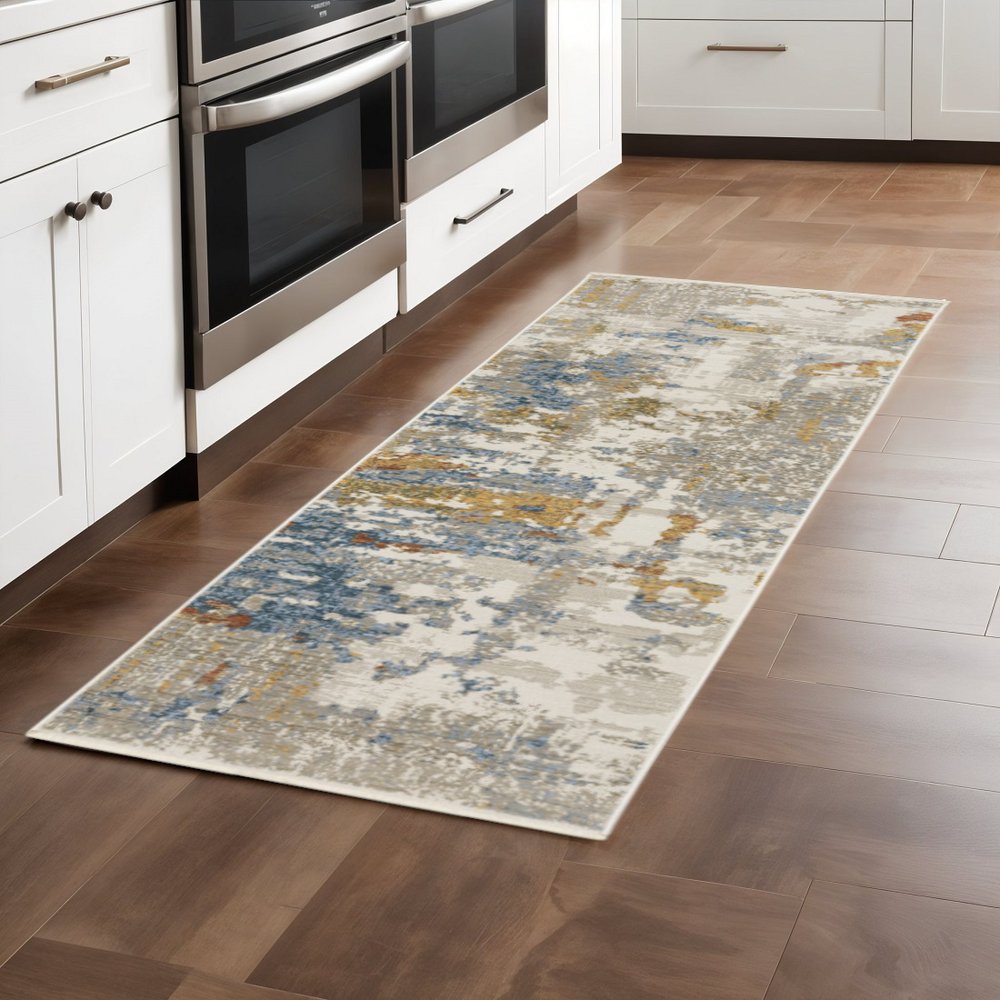 8' Beige Grey Gold Blue Rust And Teal Abstract Power Loom Runner Rug With Fringe