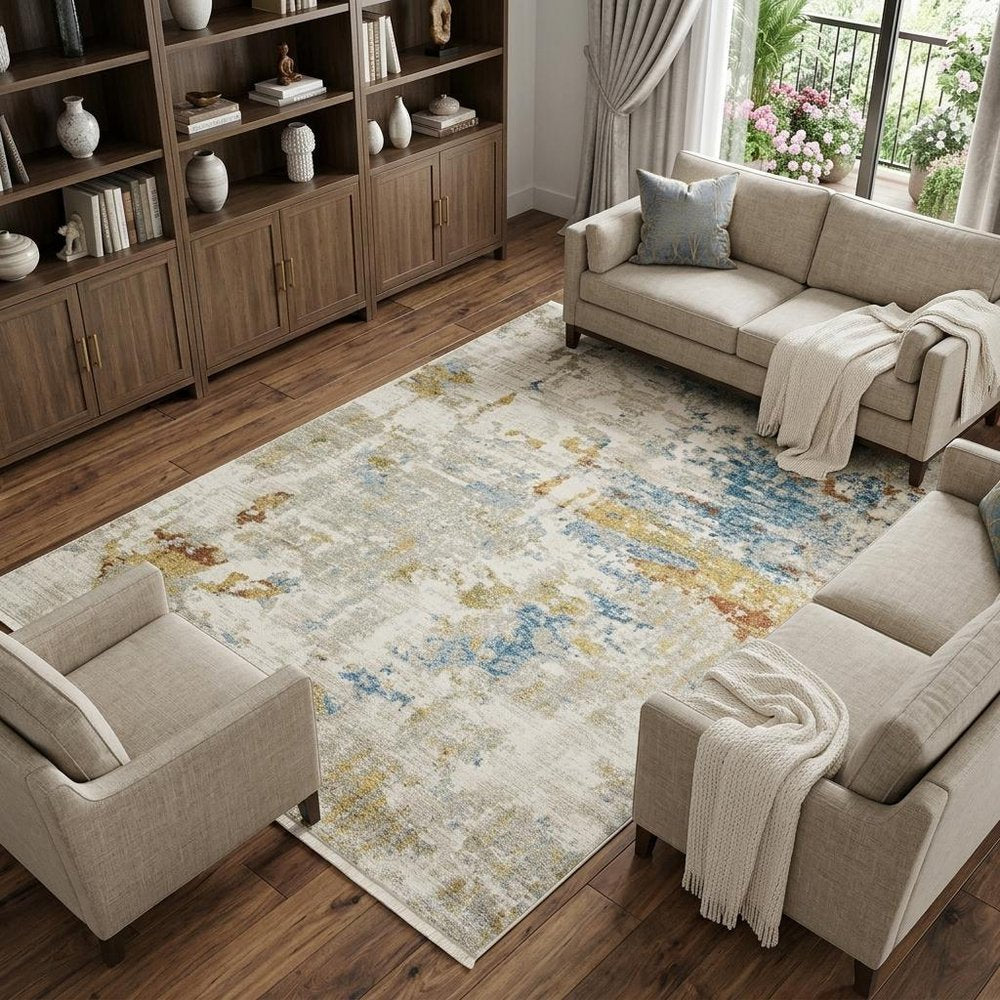 10' X 13' Blue and Beige Abstract Power Loom Area Rug With Fringe