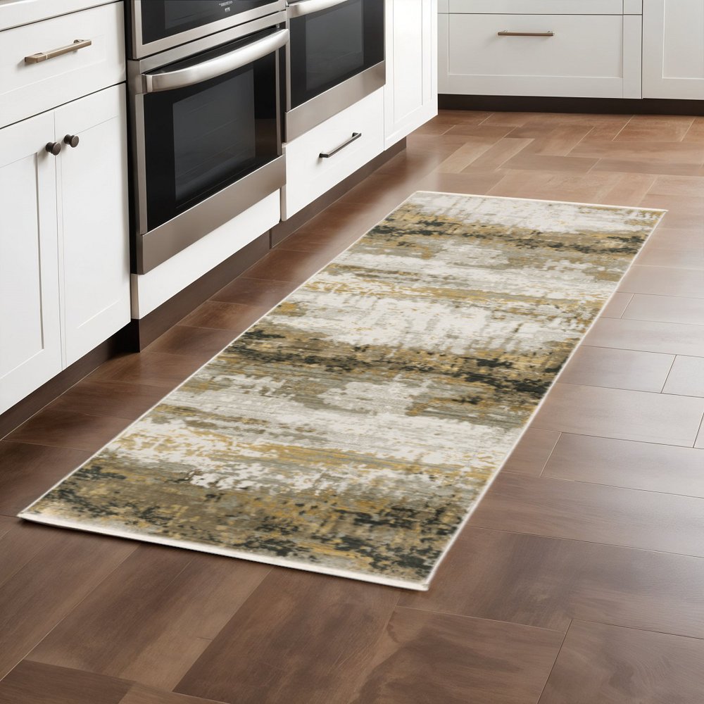 8' Grey Gold Black Charcoal And Beige Abstract Power Loom Runner Rug With Fringe
