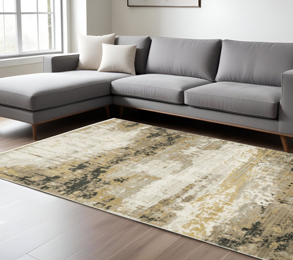 7' X 10' Gray and Black Abstract Power Loom Area Rug With Fringe
