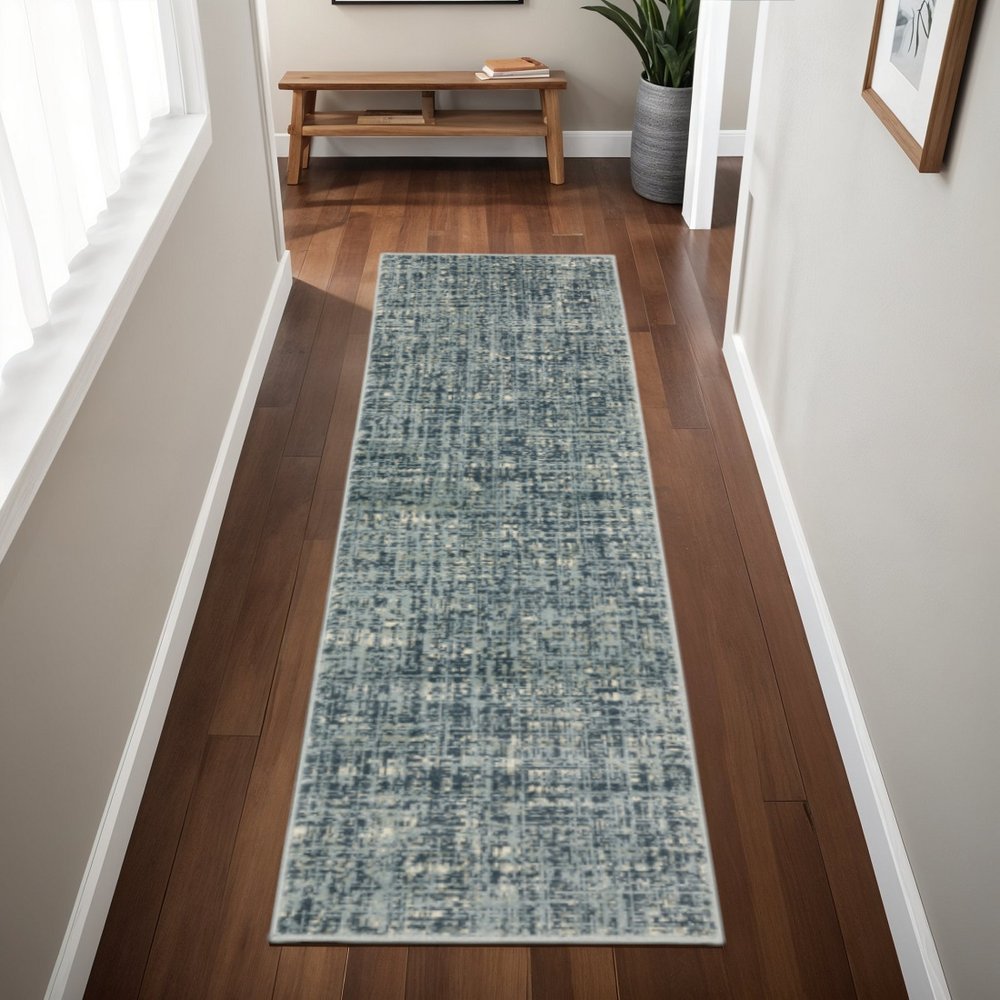 2' X 8' Dark Blue Light Blue Grey Ivory And Beige Abstract Power Loom Stain Resistant Runner Rug