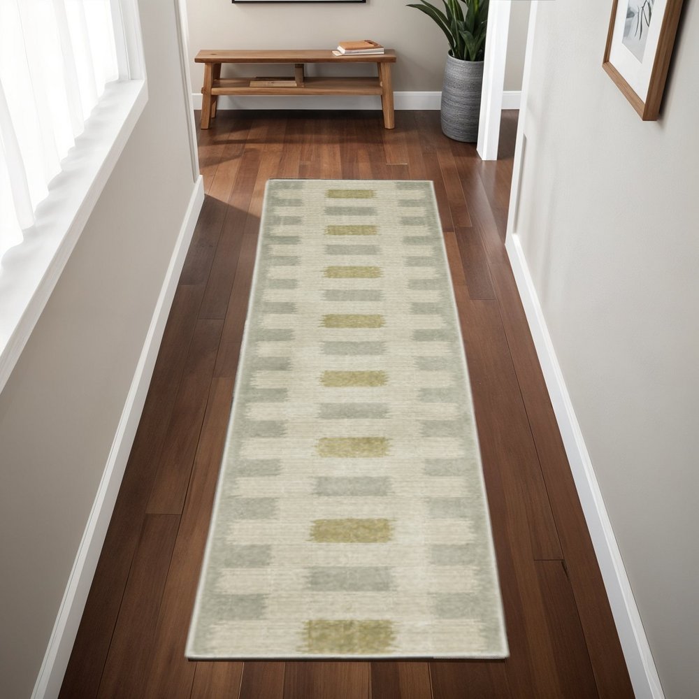 2' X 8' Beige Grey Gold And Green Geometric Power Loom Stain Resistant Runner Rug