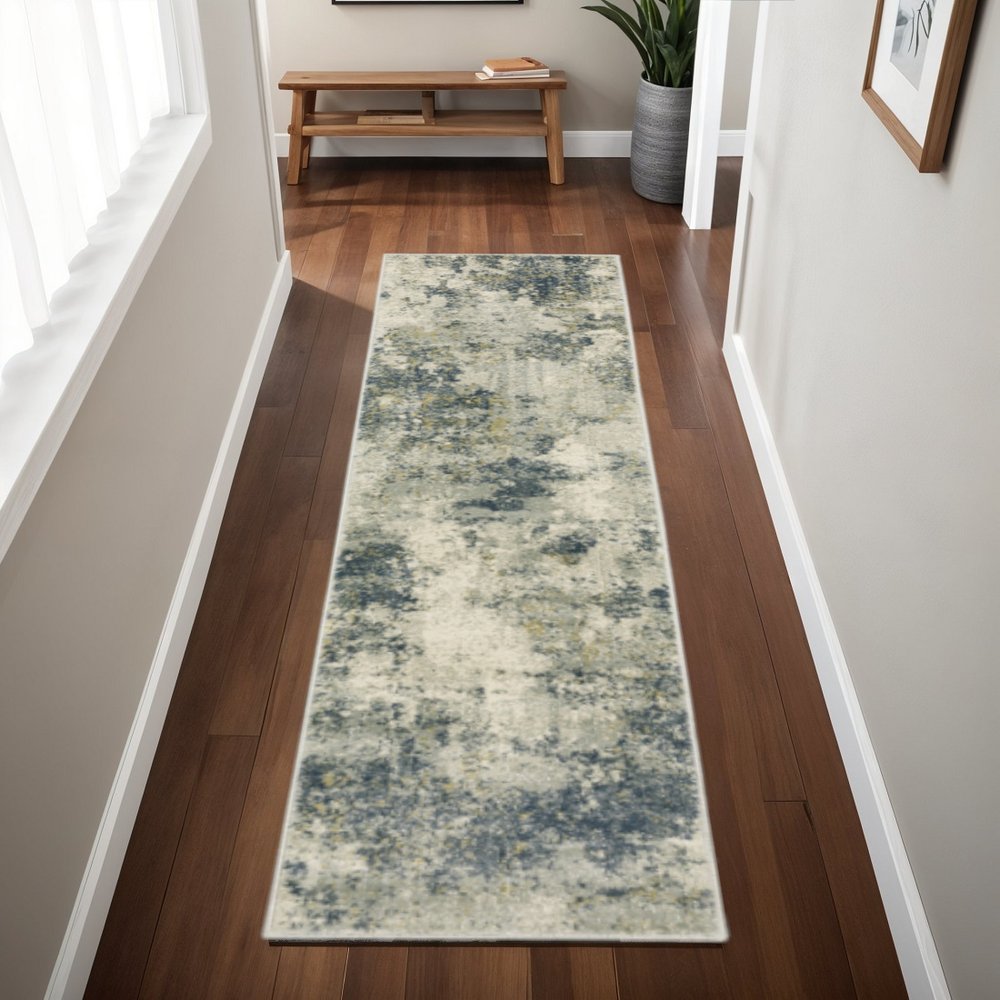 2' X 8' Beige Teal Grey And Gold Abstract Power Loom Stain Resistant Runner Rug
