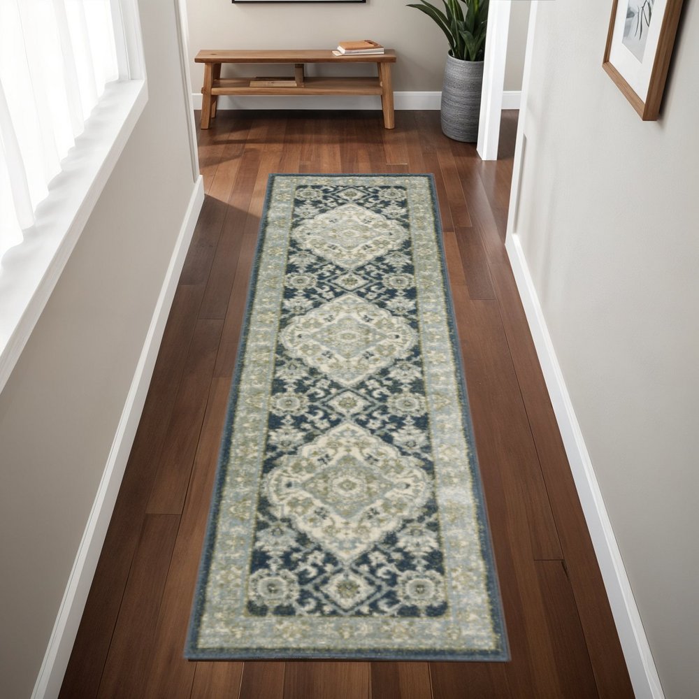 2' X 8' Teal Blue Ivory Green And Grey Oriental Power Loom Stain Resistant Runner Rug