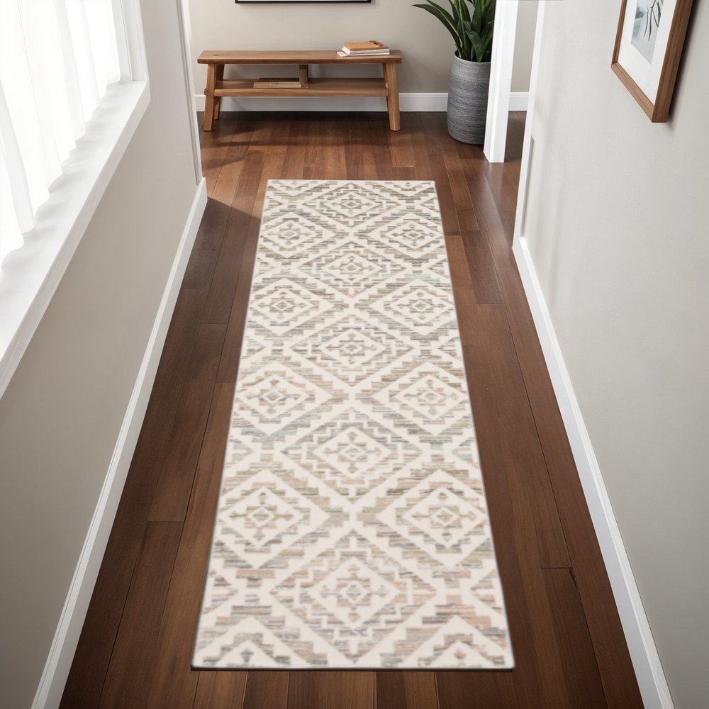 2' X 8' Grey Pink And Sage Geometric Power Loom Stain Resistant Runner Rug