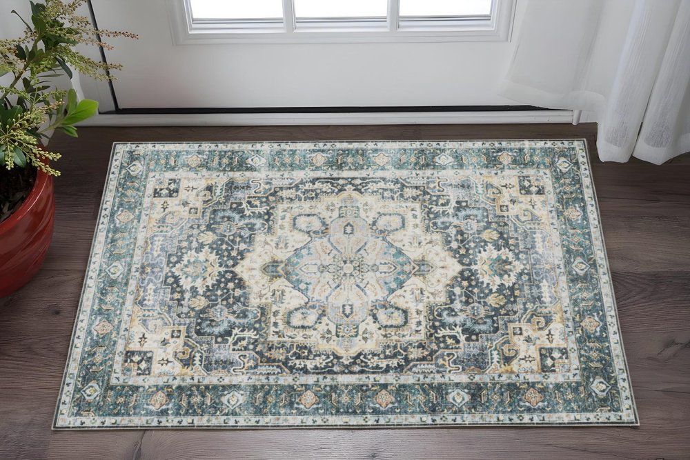 2' X 3' Blue And Ivory Oriental Distressed Area Rug