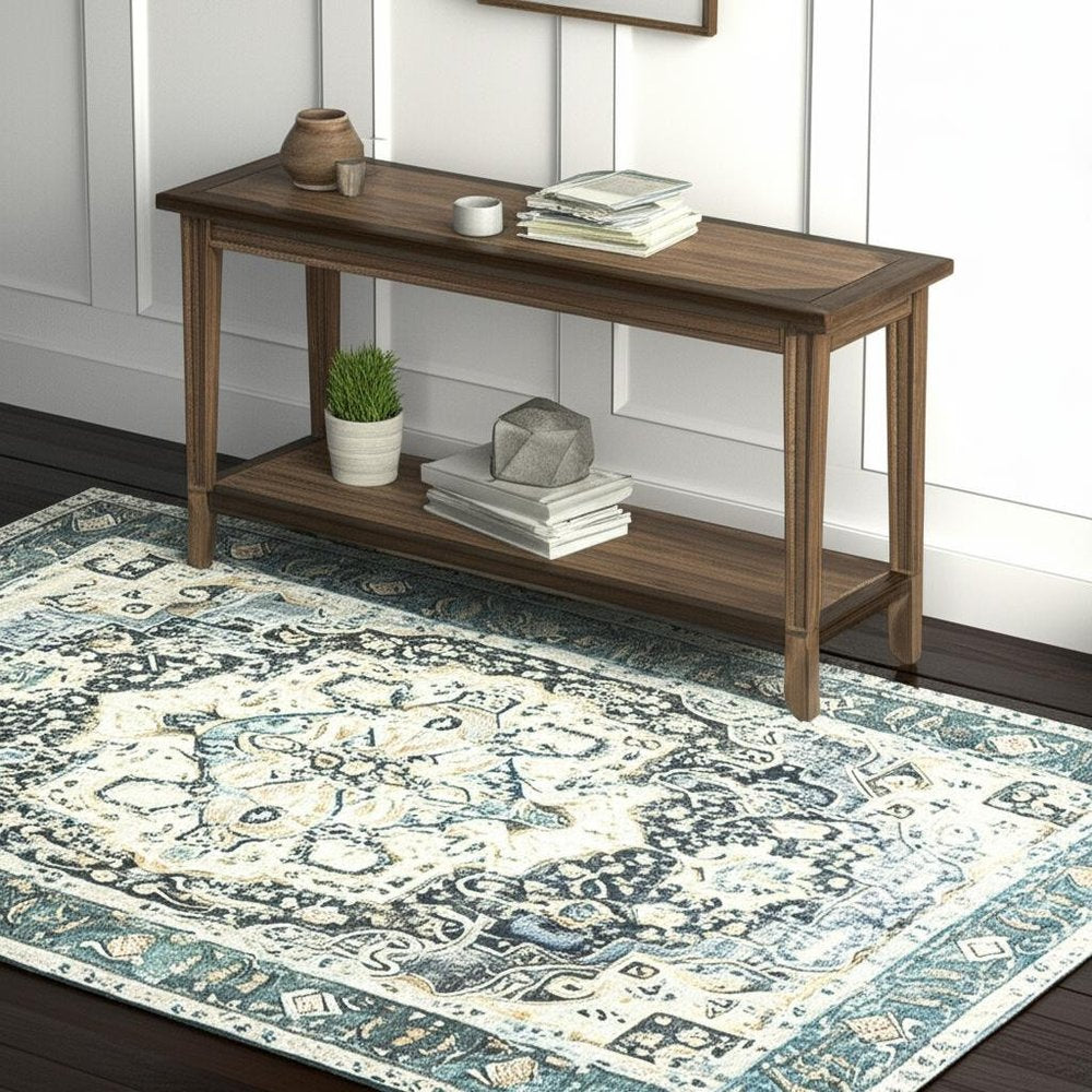 4' X 6' Blue Ivory Teal Brown And Gold Oriental Printed Stain Resistant Non Skid Area Rug