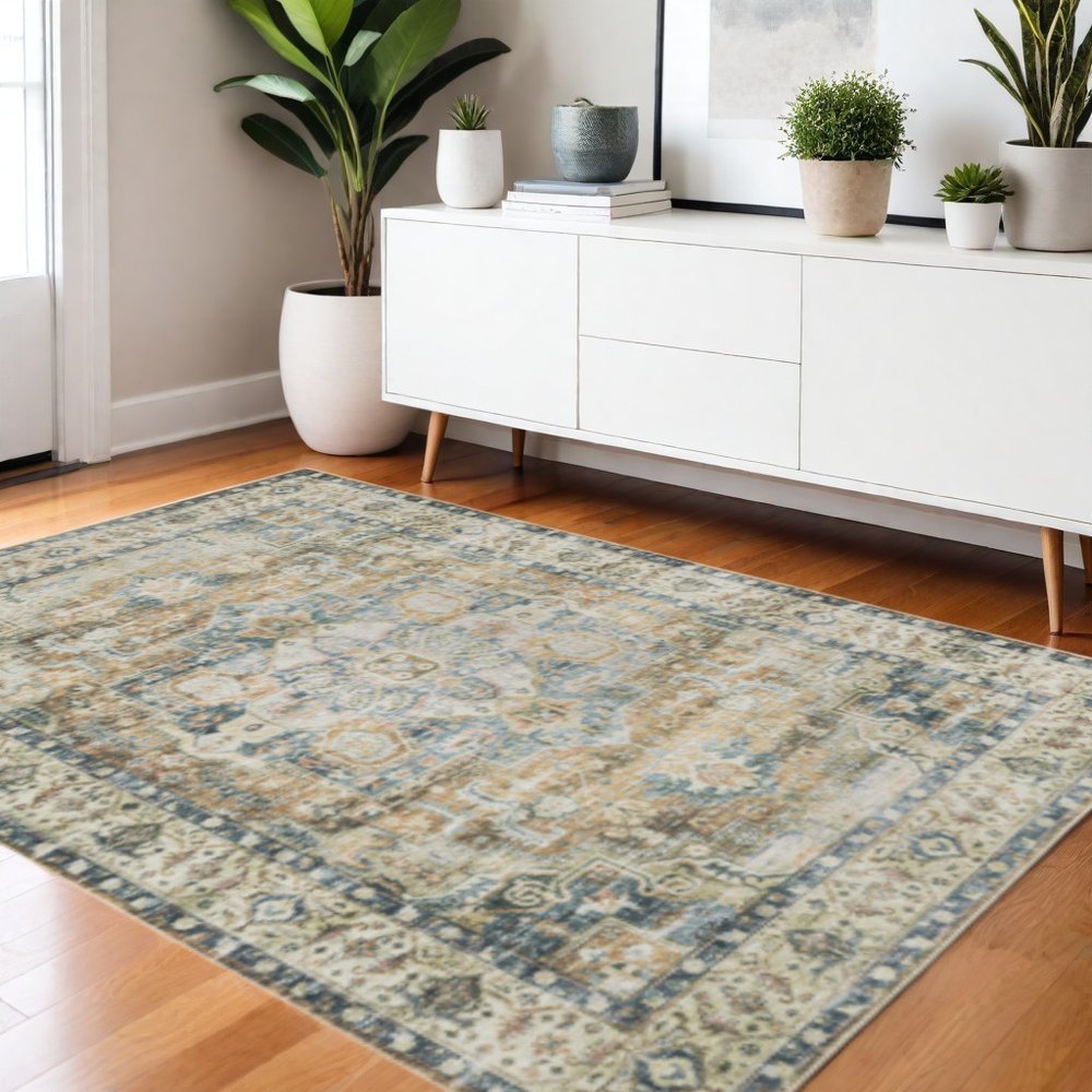 4' X 6' Blue and Gold Oriental Non Skid Area Rug