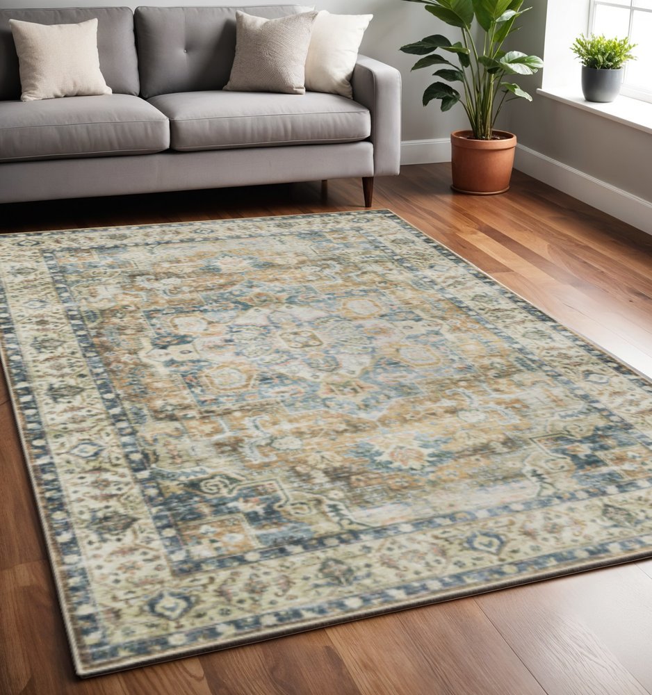 5' X 7' Blue Gold Brown Green And Salmon Oriental Printed Stain Resistant Non Skid Area Rug