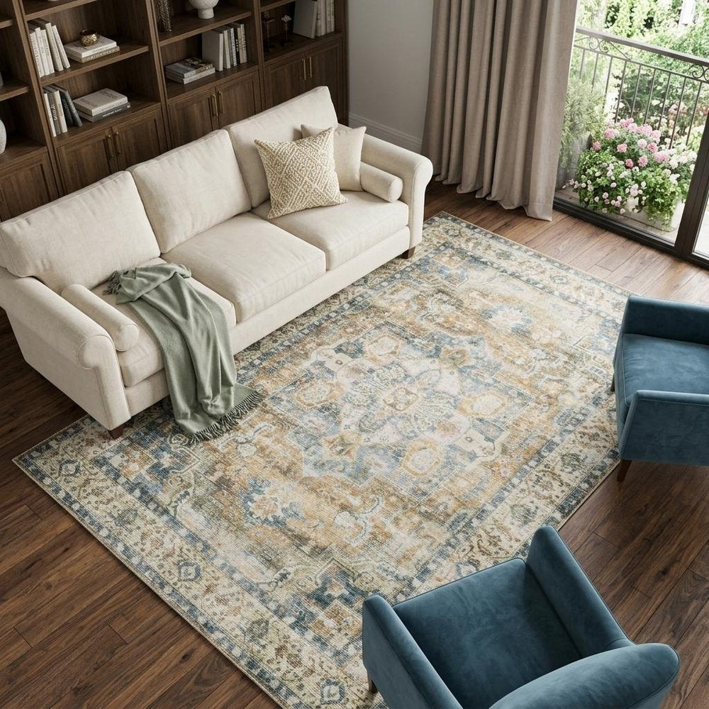 7' X 10' Blue and Gold Oriental Non Skid Area Rug