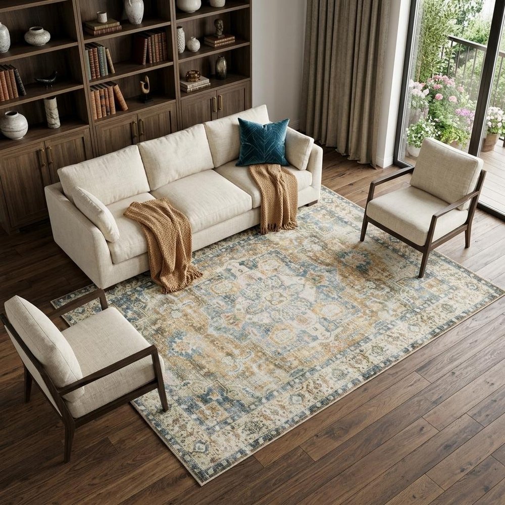 7' X 10' Blue and Gold Oriental Non Skid Area Rug
