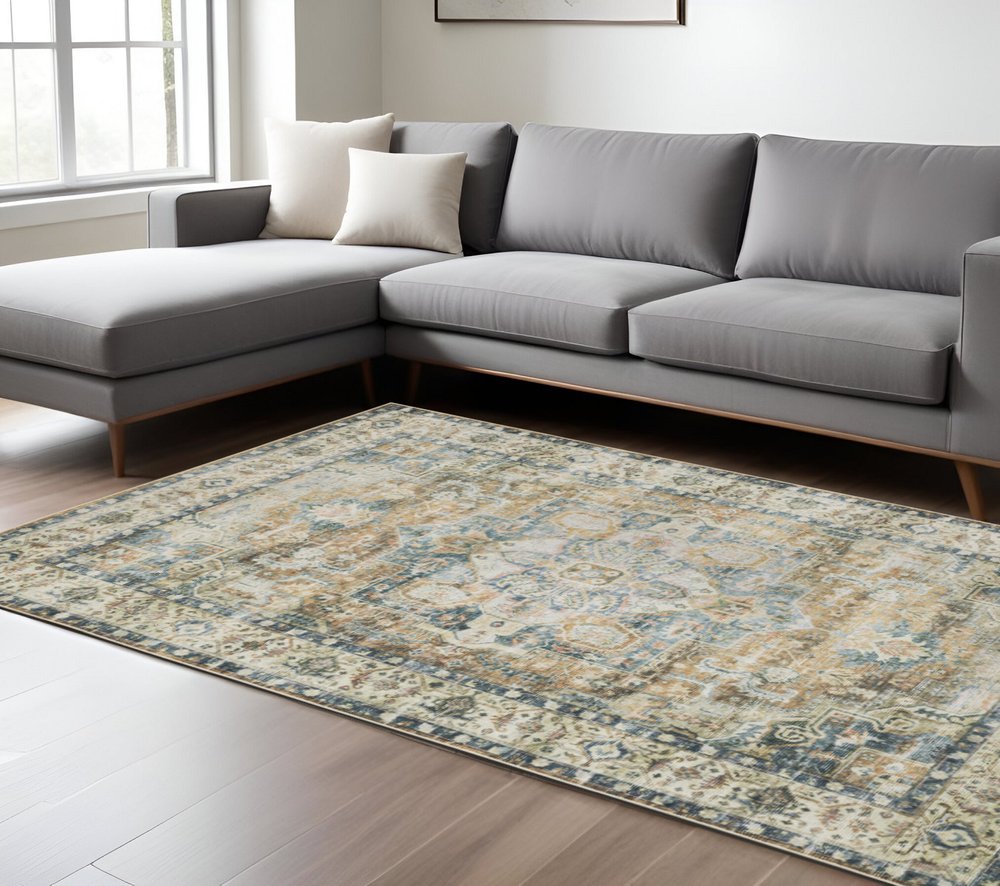 7' X 10' Blue and Gold Oriental Non Skid Area Rug