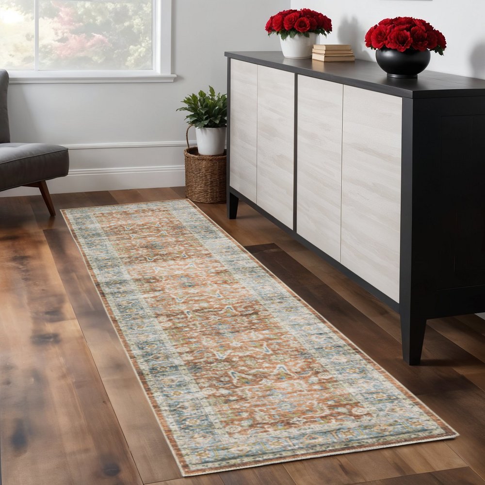 8' Rust And Blue Oriental Distressed Runner Rug