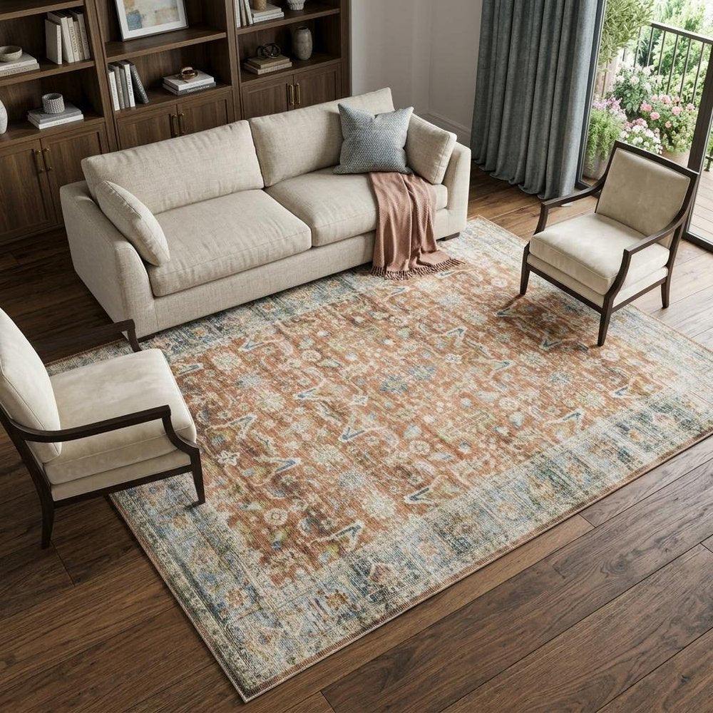 7' X 10' Blue and Ivory Oriental Non Skid Area Rug