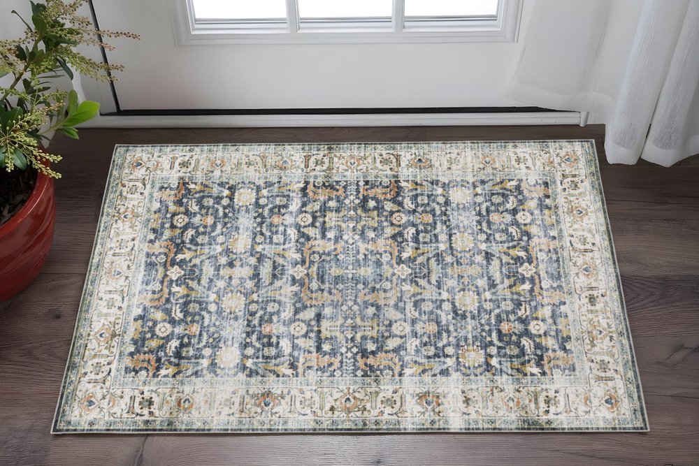 2' X 3' Blue And Gold Oriental Distressed Area Rug