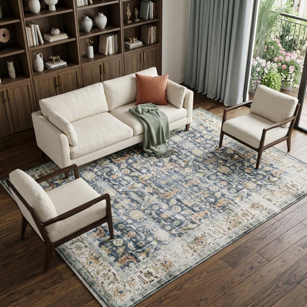 7' X 10' Blue and Ivory Oriental Non Skid Area Rug