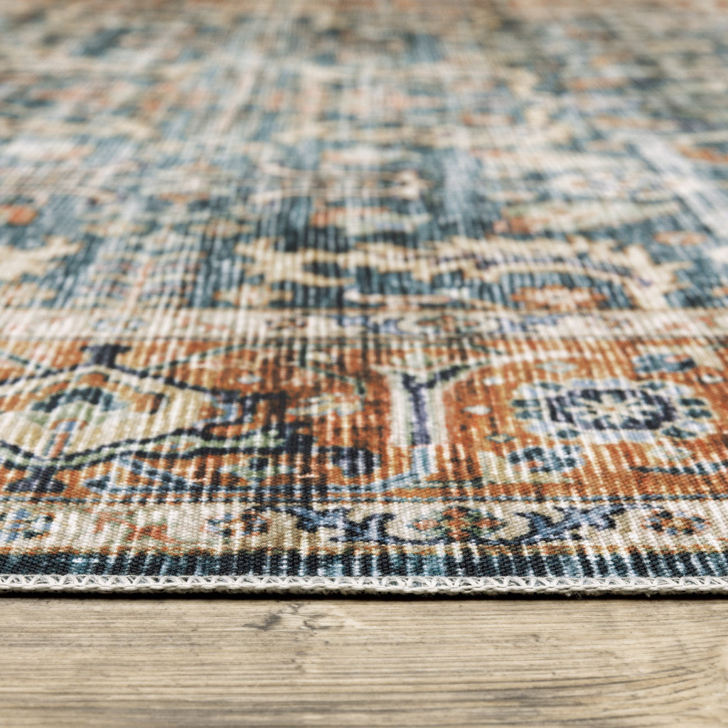8' Blue And Rust Oriental Distressed Runner Rug