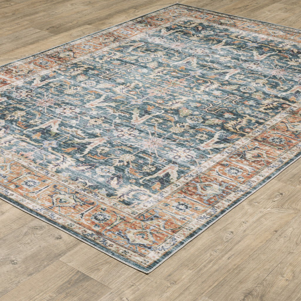 8' Blue And Rust Oriental Distressed Runner Rug