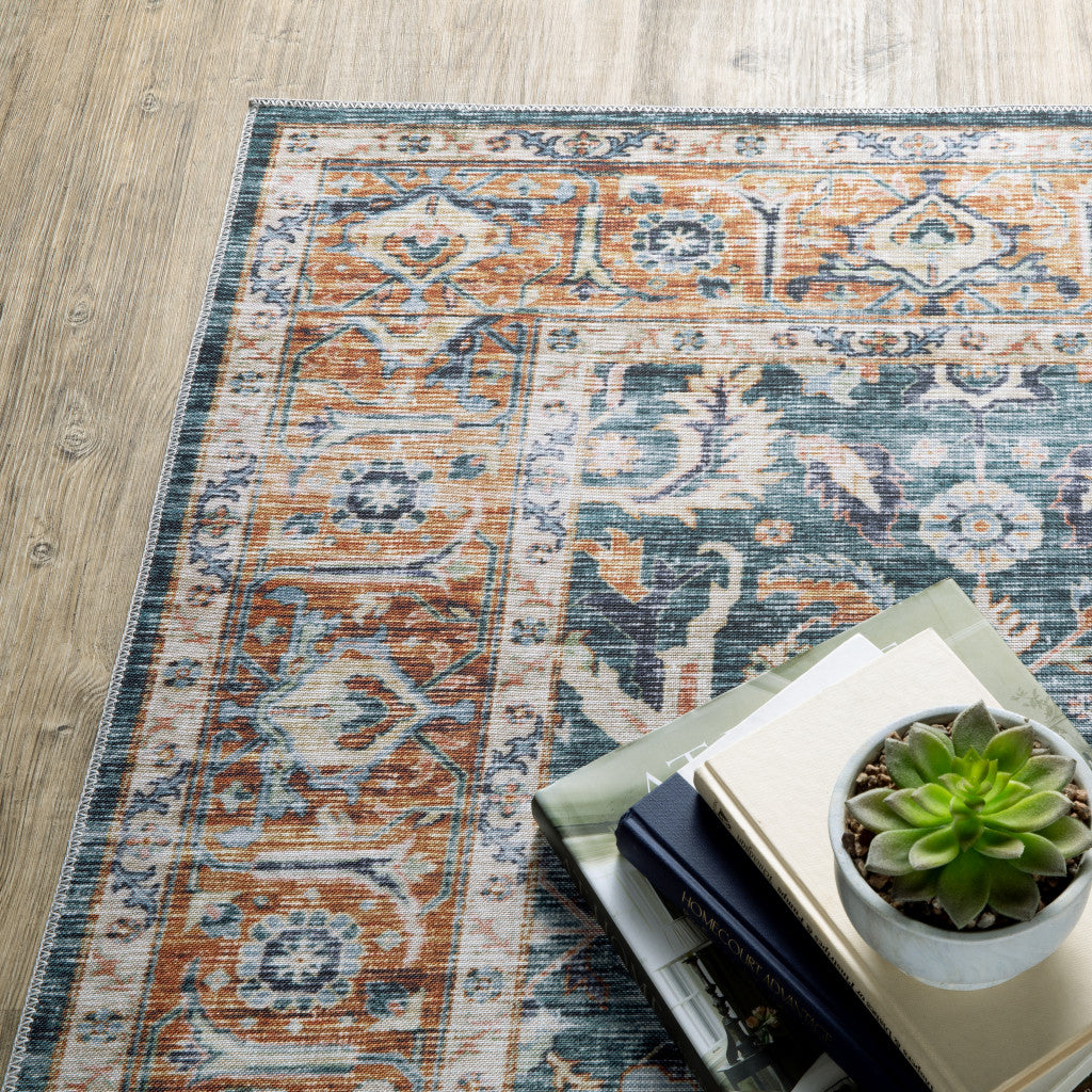8' Blue And Rust Oriental Distressed Runner Rug
