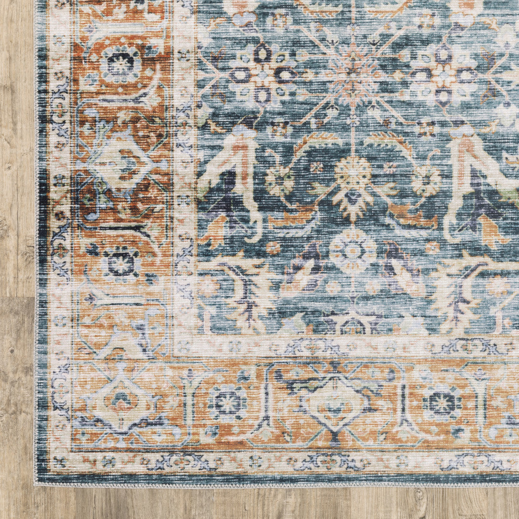 8' Blue And Rust Oriental Distressed Runner Rug