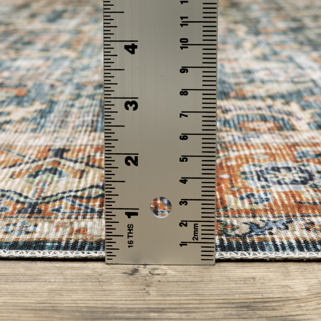 8' Blue And Rust Oriental Distressed Runner Rug
