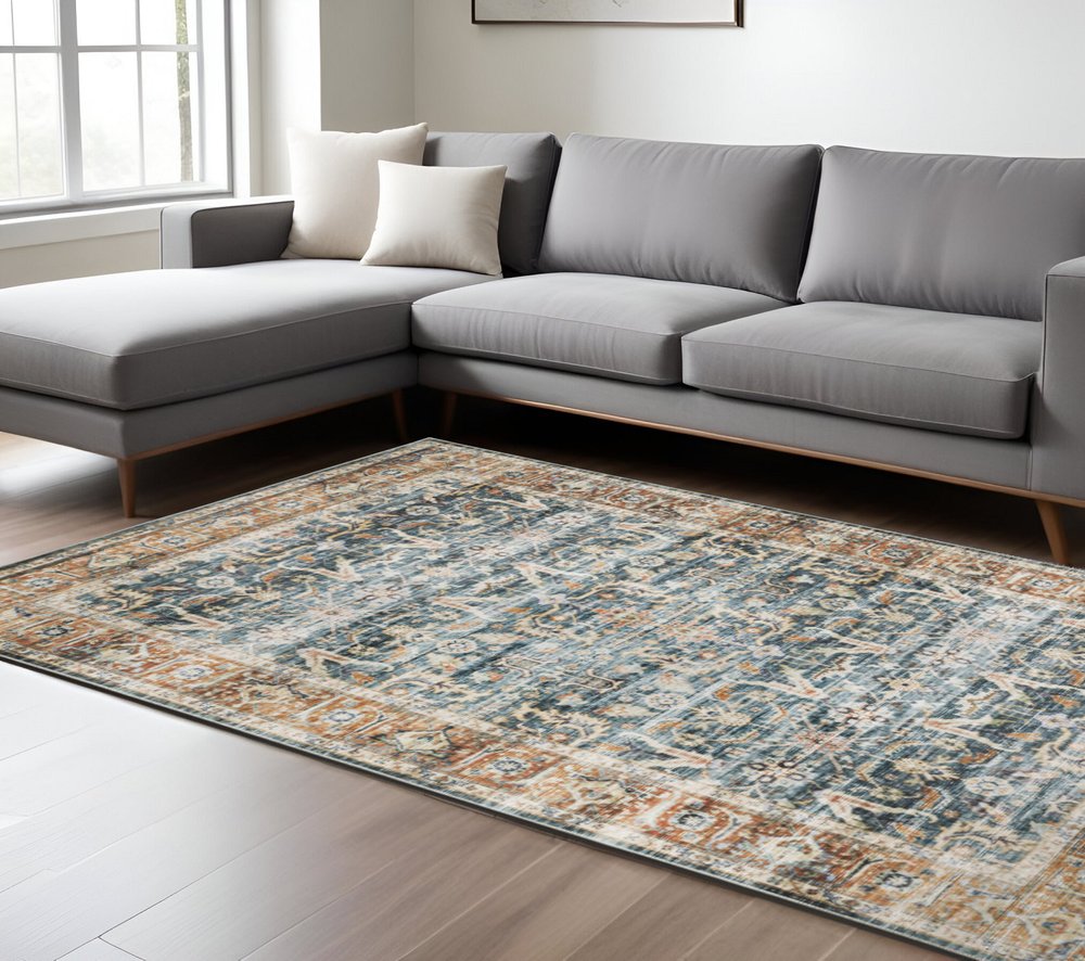 7' X 10' Blue and Beige Oriental Non Skid Area Rug