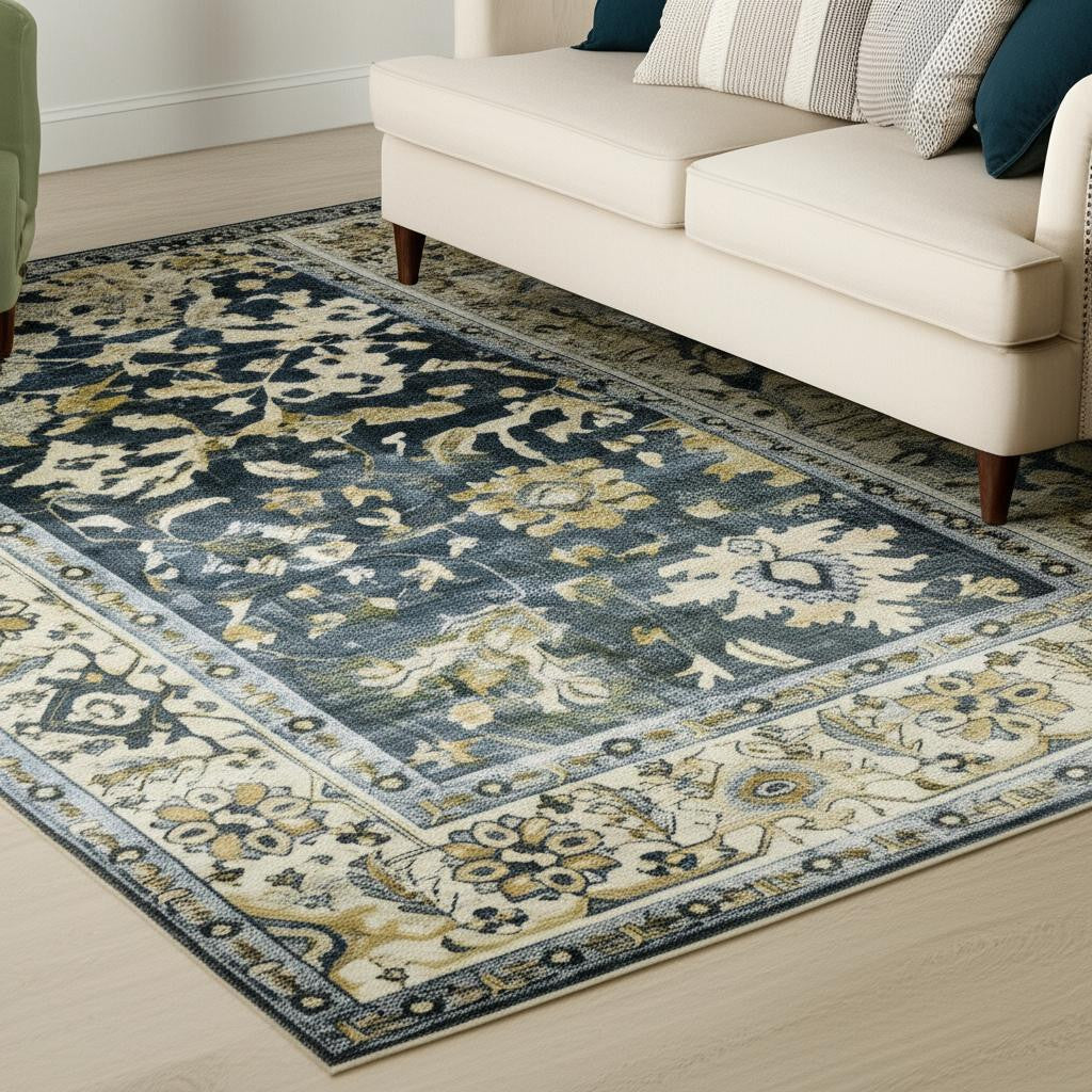 5' X 7' Blue Gold Green And Ivory Oriental Printed Stain Resistant Non Skid Area Rug