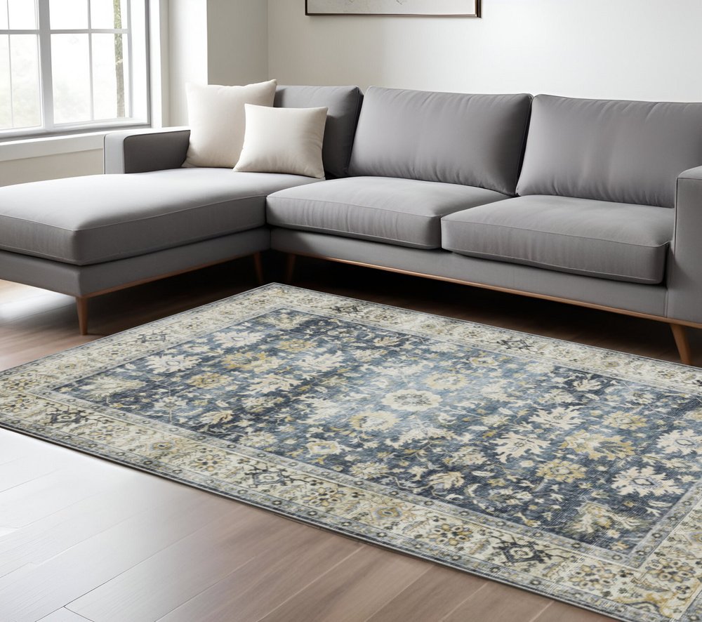 7' X 10' Blue and Ivory Oriental Non Skid Area Rug