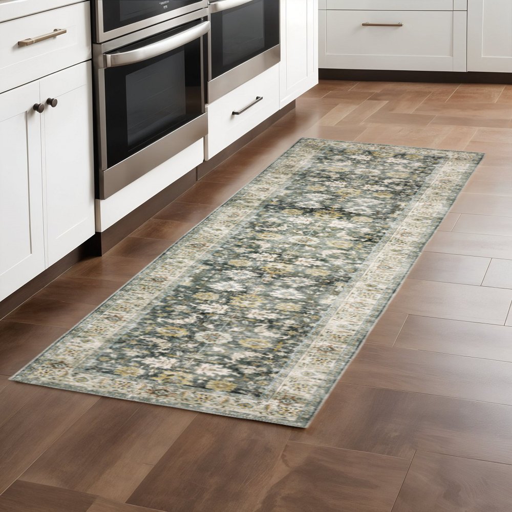 8' Charcoal Oriental Printed Non Skid Runner Rug