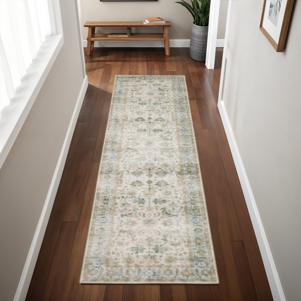 2' X 8' Grey Orange Blue Gold Green And Rust Oriental Printed Stain Resistant Non Skid Runner Rug