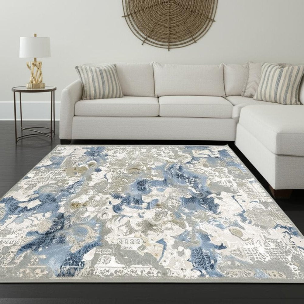 8' X 11' Grey Blue Ivory Navy Beige And Brown Abstract Power Loom Stain Resistant Area Rug