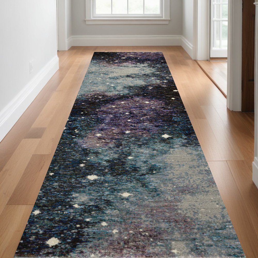 12' Purple Teal And Brown Abstract Runner Rug