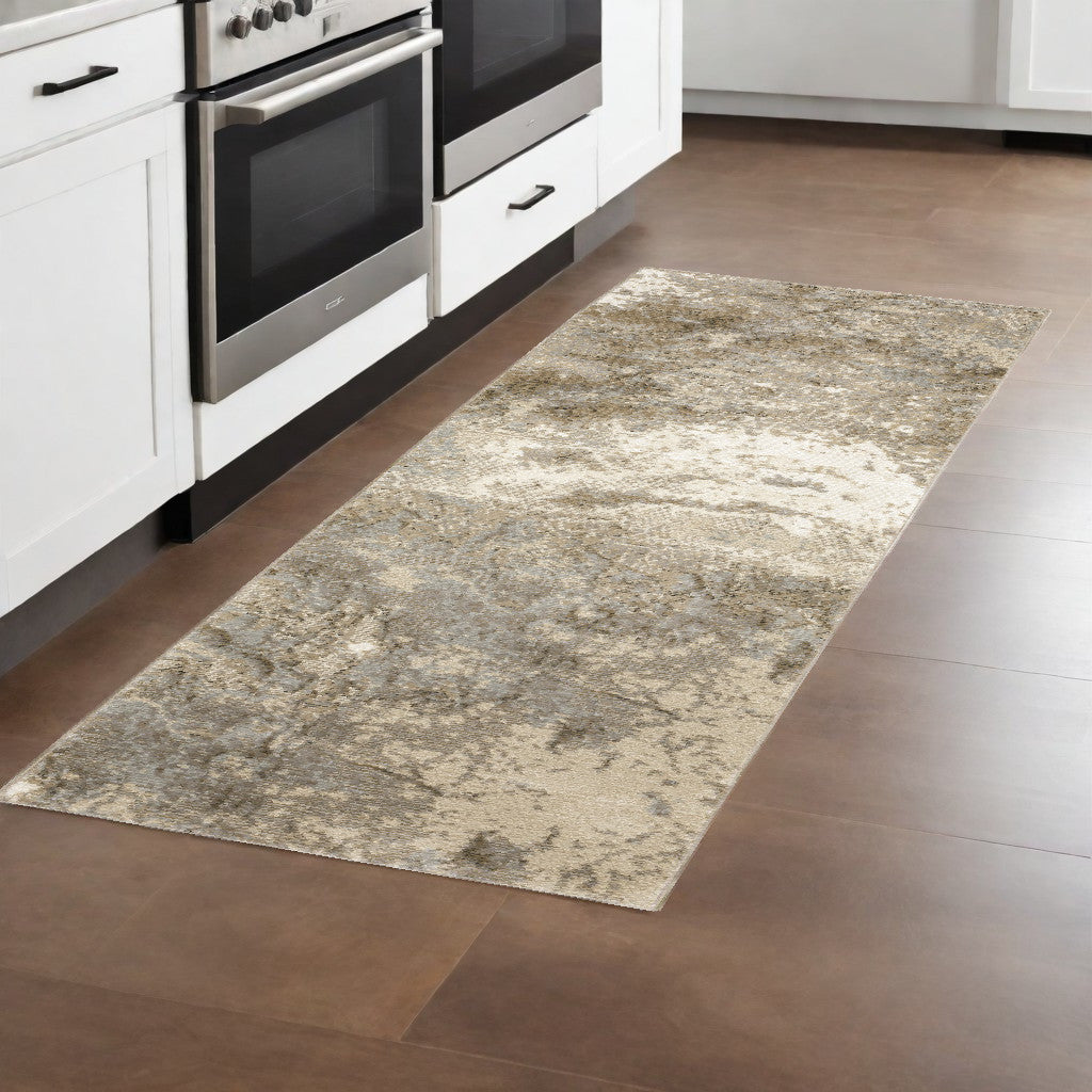 8' Gray And Ivory Abstract Runner Rug