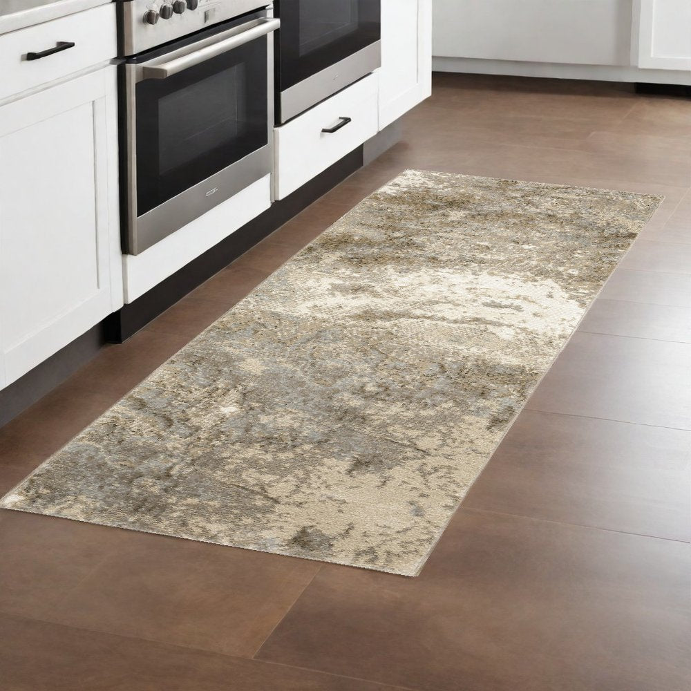 8' Gray And Ivory Abstract Runner Rug