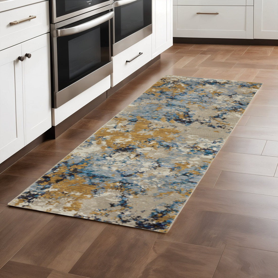 8' Gray And Ivory Abstract Runner Rug